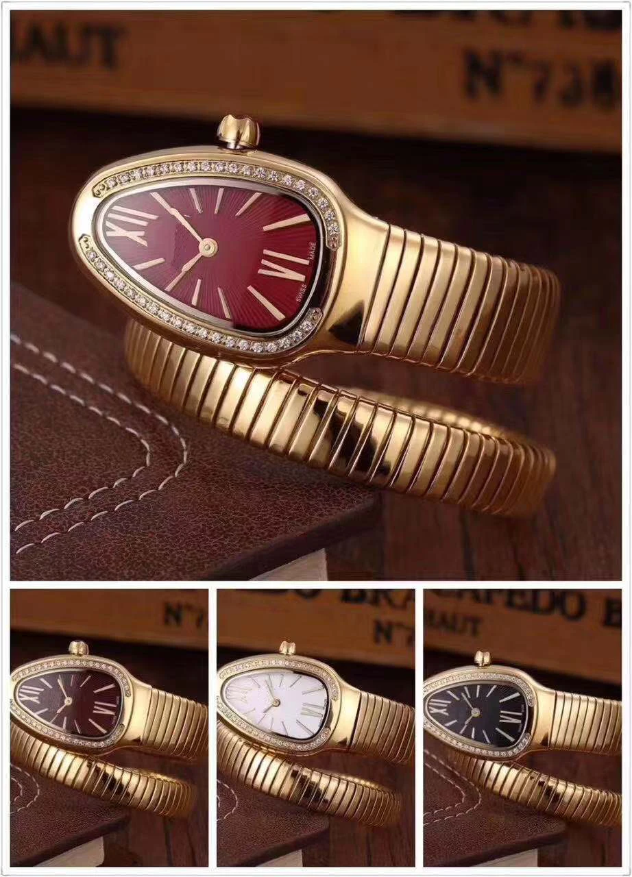 

Classic New Women Snake Yellow Gold Bracelet Diamonds Black Red Rome Japanese Quartz Stainless Steel Sapphire Dress Watch