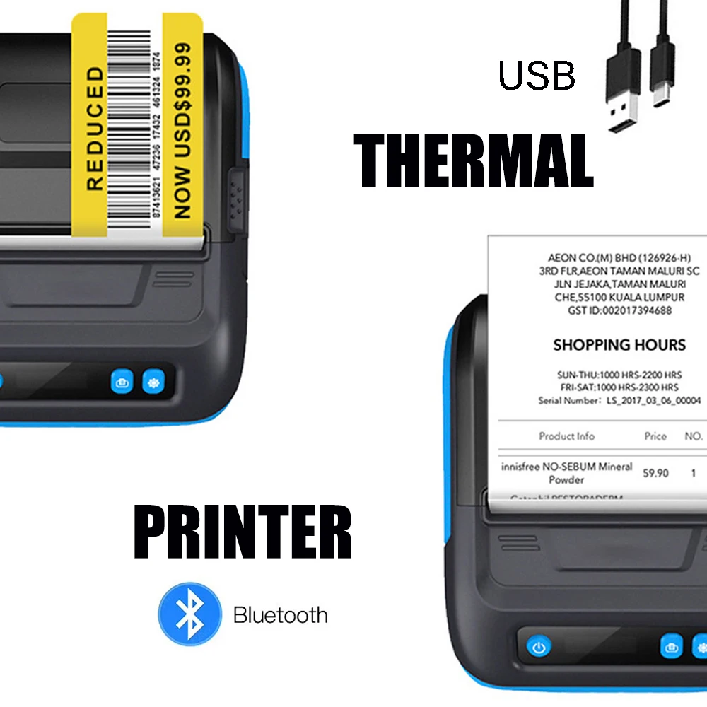 Thermal Receipt/Label 80mm Sticker Printer Heldhand Protable Bluetooth Wired USB for Windows IOS Android Mobile Phone