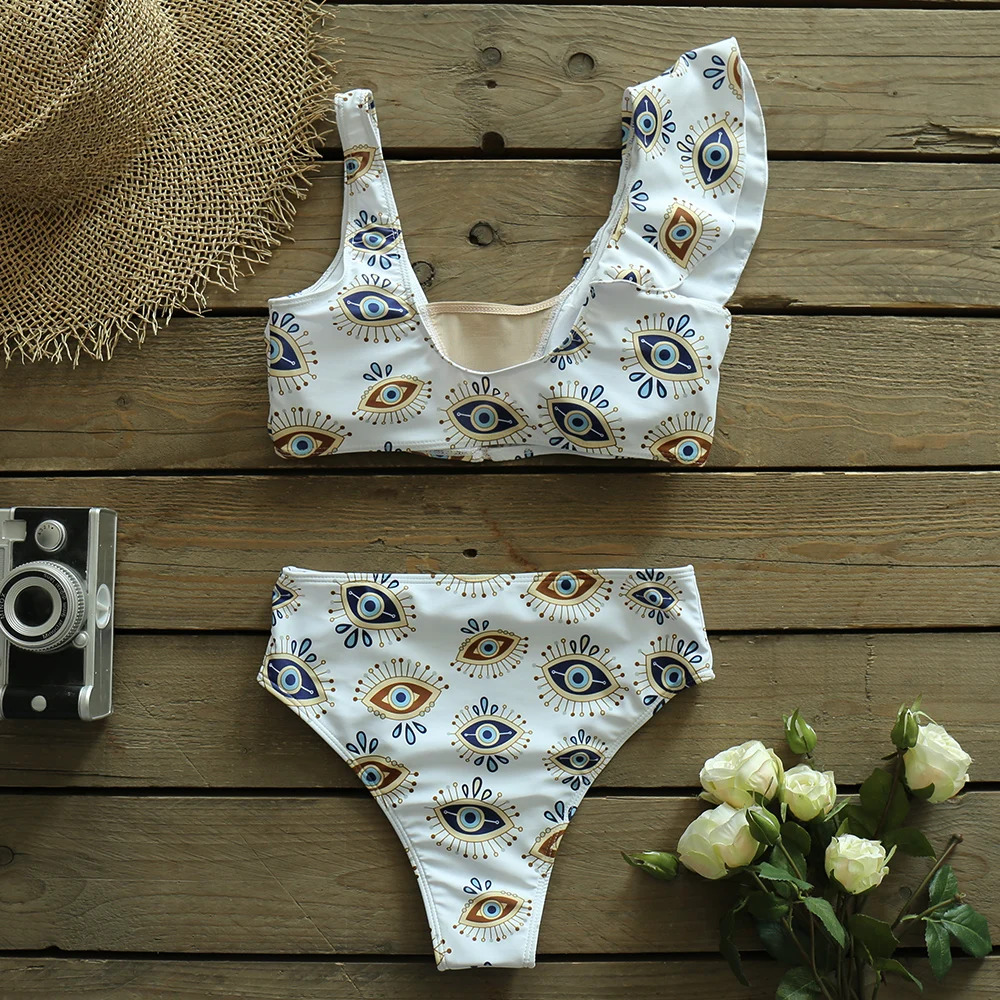 

High Waist Bikini Set 2021 Sexy Eyes Print Swimwear Women Swimsuit One Shoulder Ruffle Bathing Suit Beachwear Biquini female