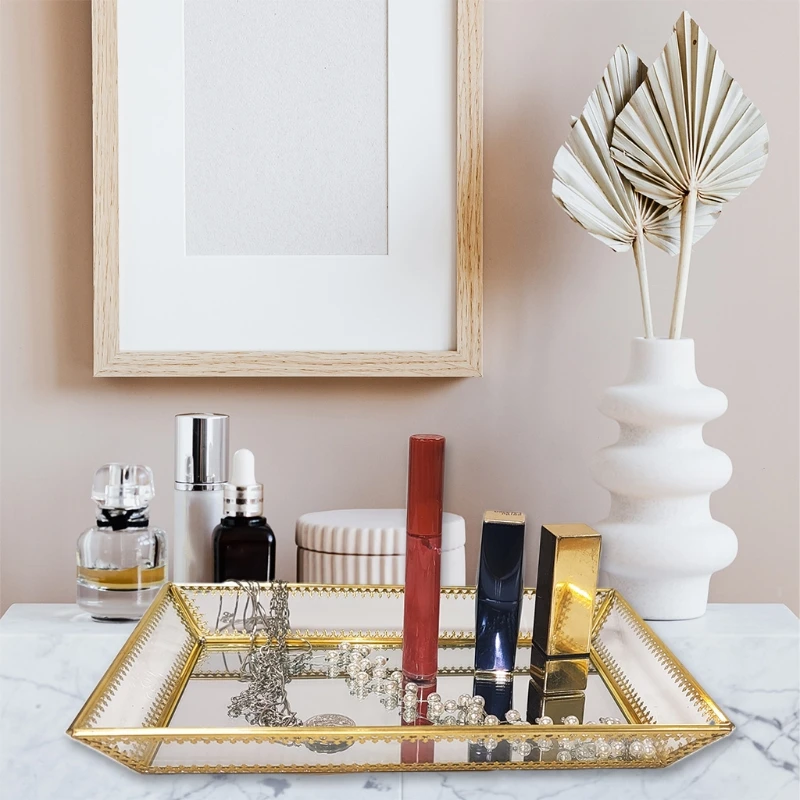 

Rectangle Gold Mirror Jewelry Organizer Tray Glass Metal Makeup for Bathroom