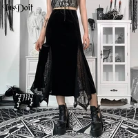 insdoit goth black aesthetic midi skirt women harajuku vintage split lace sexy summer long skirt e girl streetwear elegant skirt