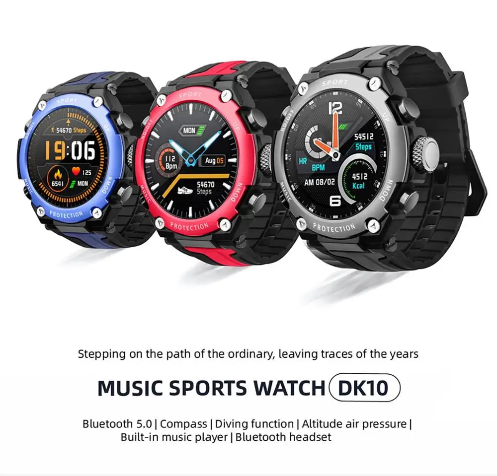 DK10 Bluetooth music smart watch altitude diving IP68 waterproof heart rate fitness sports weather for Android IOS | Электроника