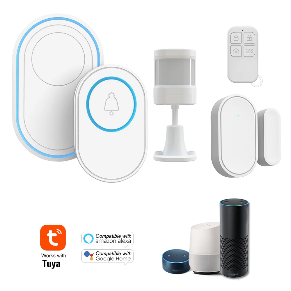 

Tuya Alarm System Wireless WIFI Doorbell Function Outdoor Doorbell Indoor Chime LED 58 Ringtones Work Door Sensor PIR Sensor