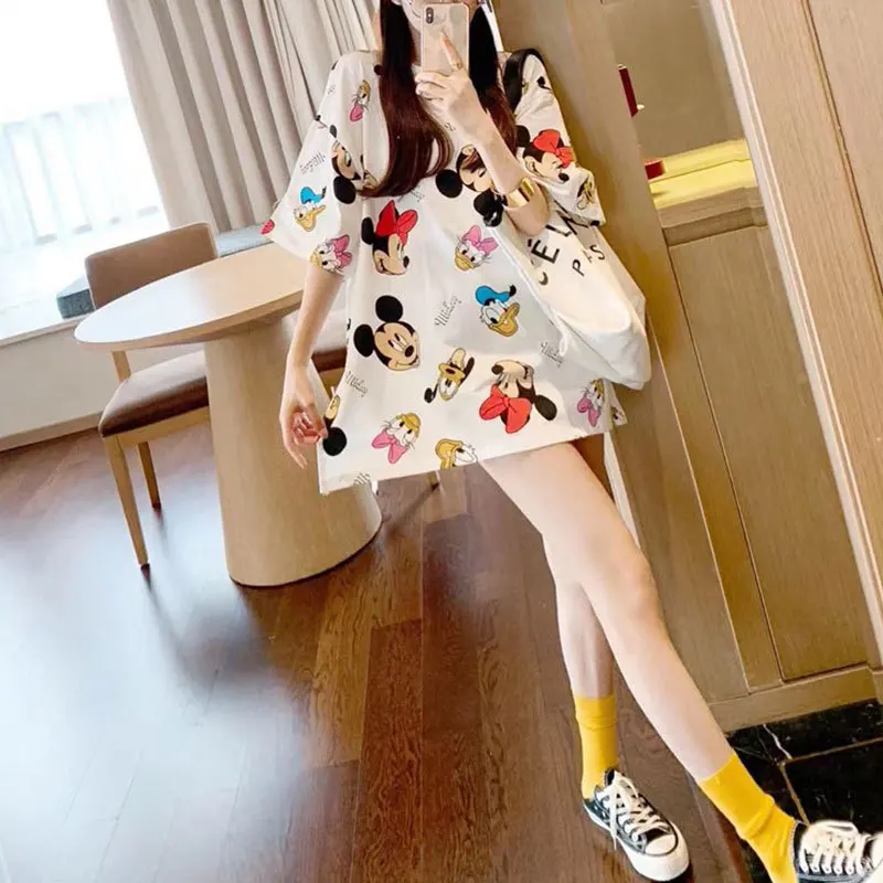 

Summer Mickey T-Shirt Ladies Loose Cartoon Print Tops Round Neck Kawaii Tops Tie Dyed Tshirts Streetwear White Female Tee 2021
