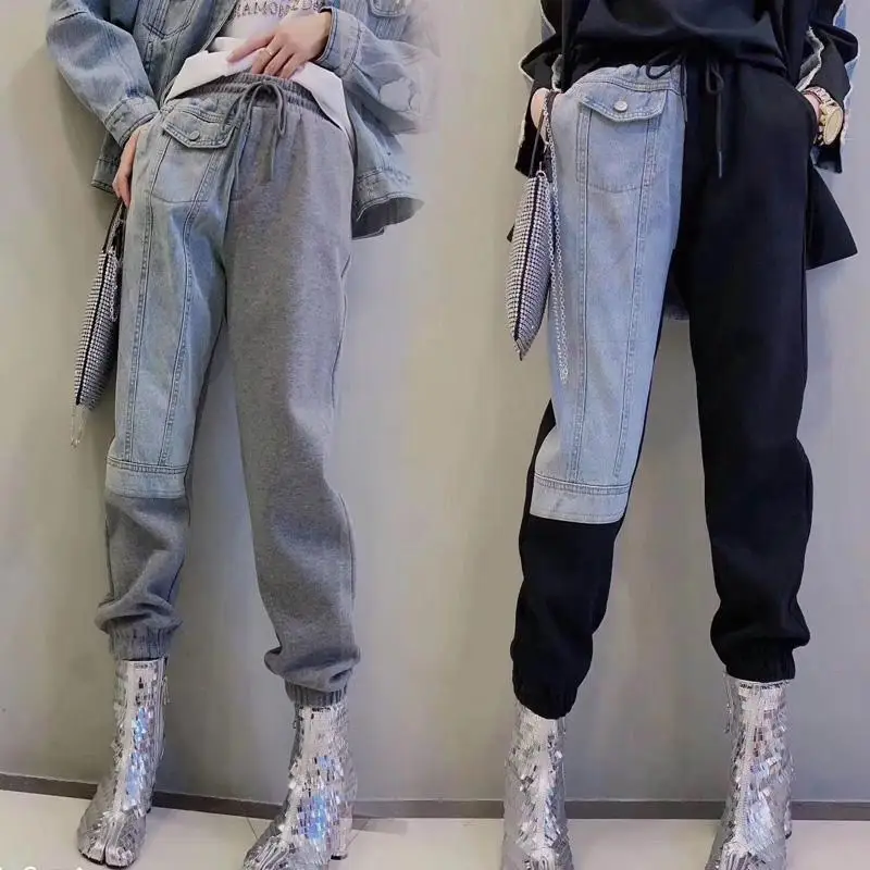 

Elastic waist loose stitching denim asymmetric color matching casual pants new style pants