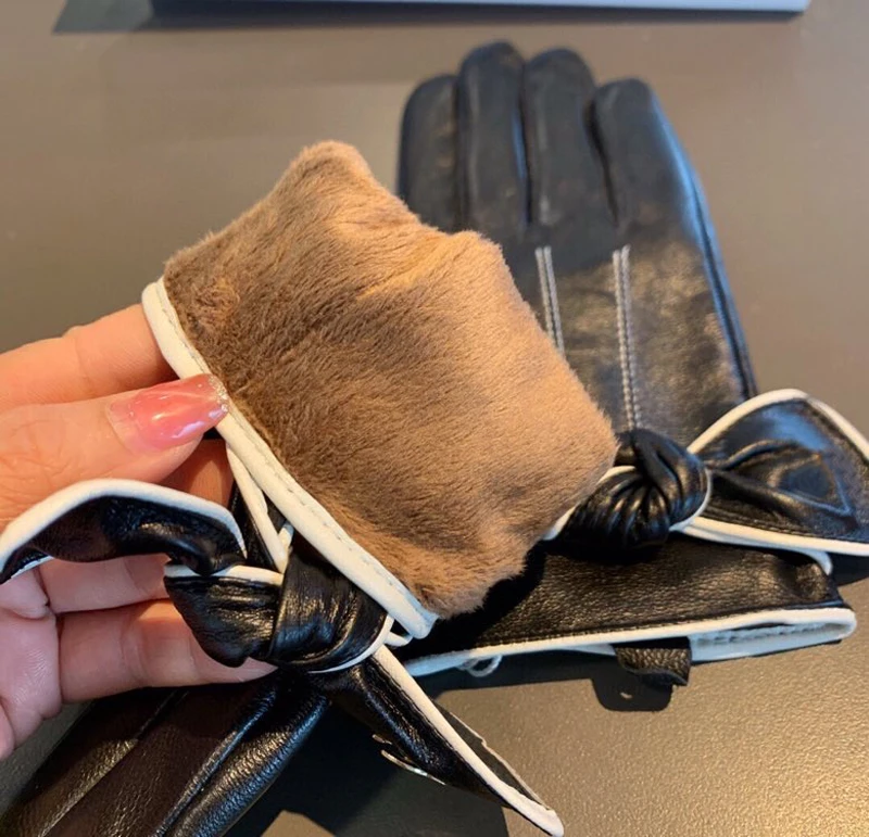 

Leather Gloves Keep Warm Mittens For Woman Fashion Winter Womens Gloves with Bow Female Guante Hand Glove