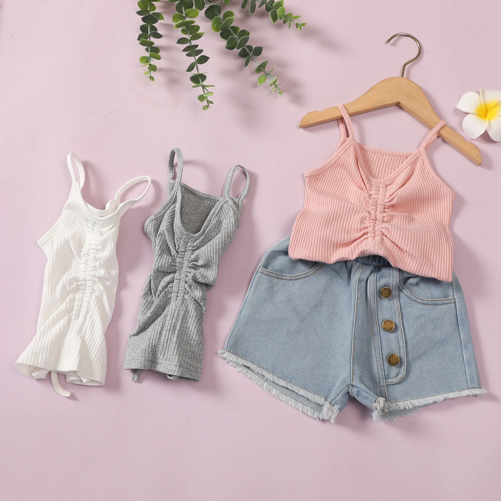 

Kids Baby Girls Solid Tops Pit Bar Draw Tops Vest Denim Button Shorts Pants Toddler Children Clothes Sets 2pcs 18M-6Y