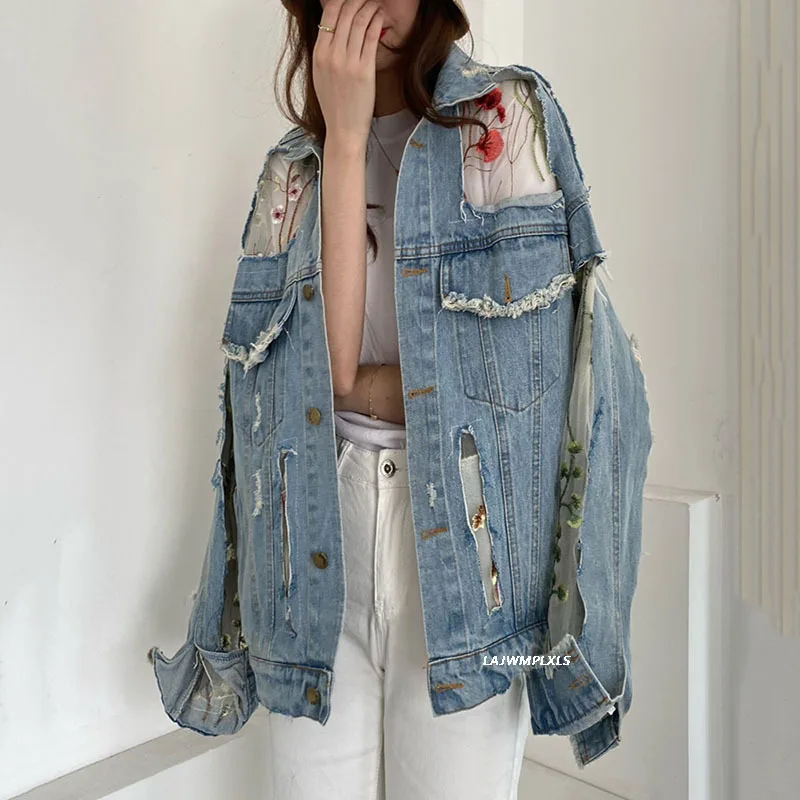 

2021 Streetwear Denim Lace Jacket Coat for Women New Summer Autumn Embroidery Flower Stitching Mesh Sunscreen Jeans Coat Female