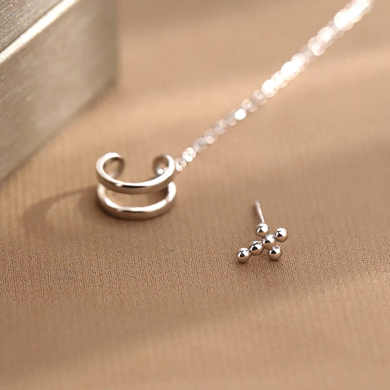 

3Pcs/Set Silver Color French Non-pierced Chain Ear Clip Female Simple Unique Cold Wind Earrings Cool Handmade Cross Studs Gifts