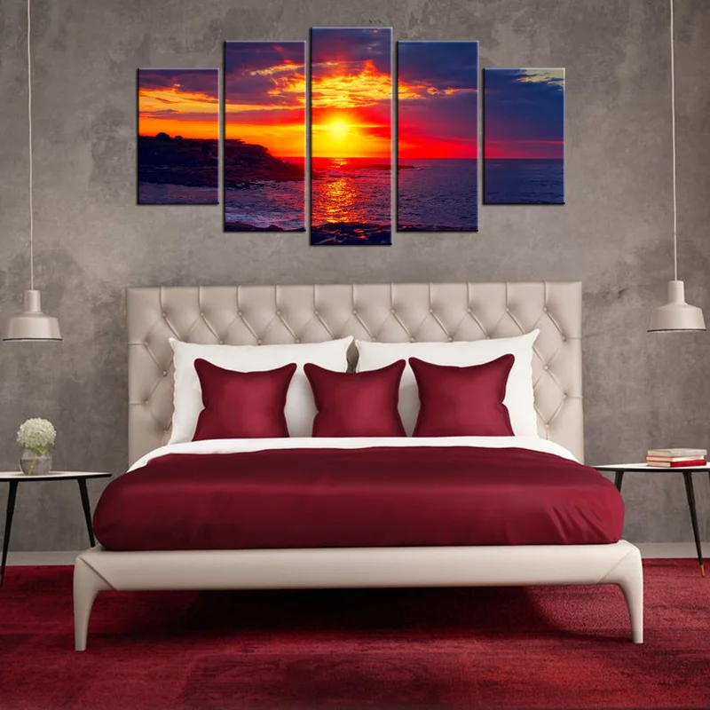 

Landscape Canvas Painting Sunset on Ocean Wall Art Poster 5 Pieces Beautiful Clouds HD Print Home Decor Modern Picture