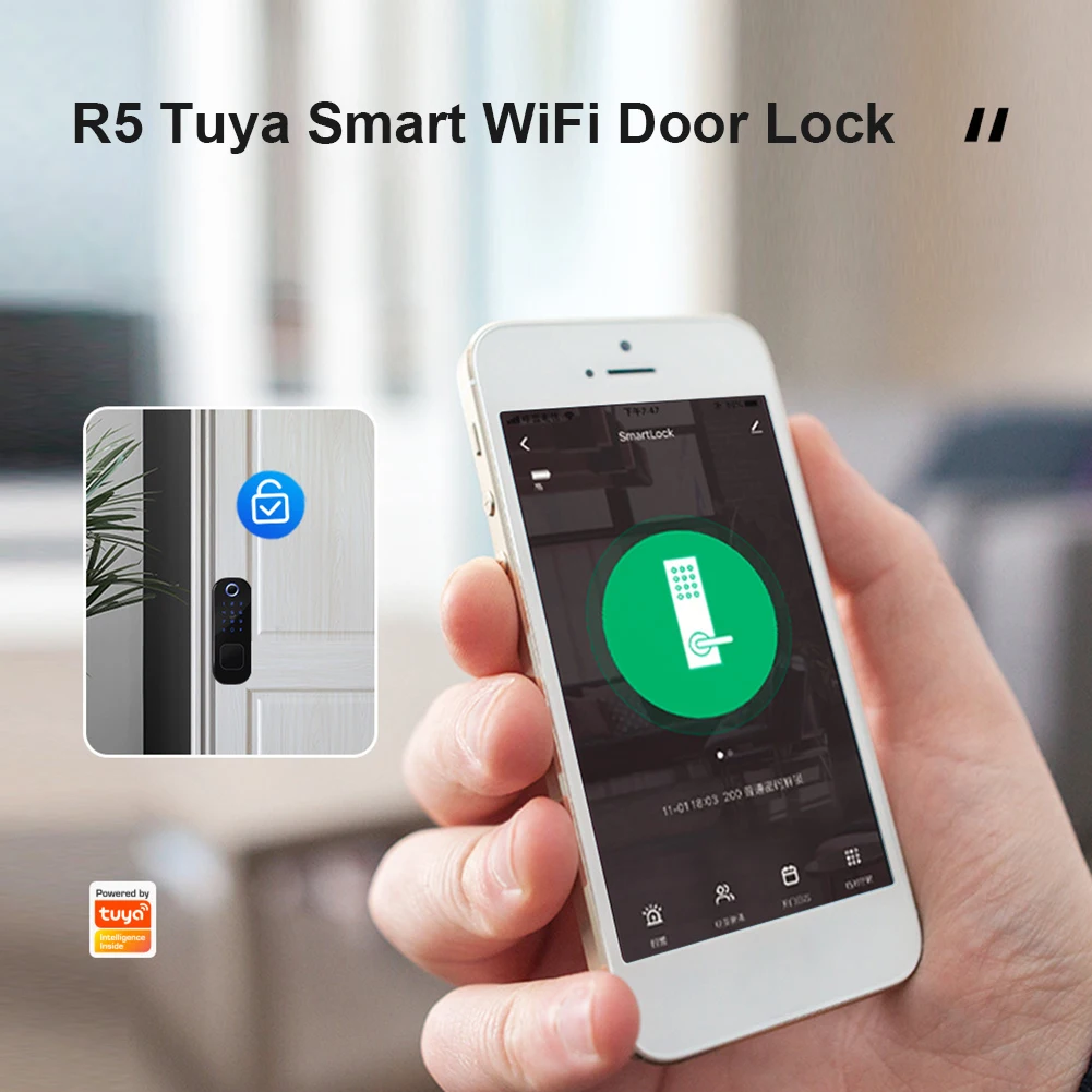 R5 Tuya Smart Wifi Unlocking Lock Biometric Fingerprint Security Intelligent APP Remote Password RFID Card Door | Безопасность и