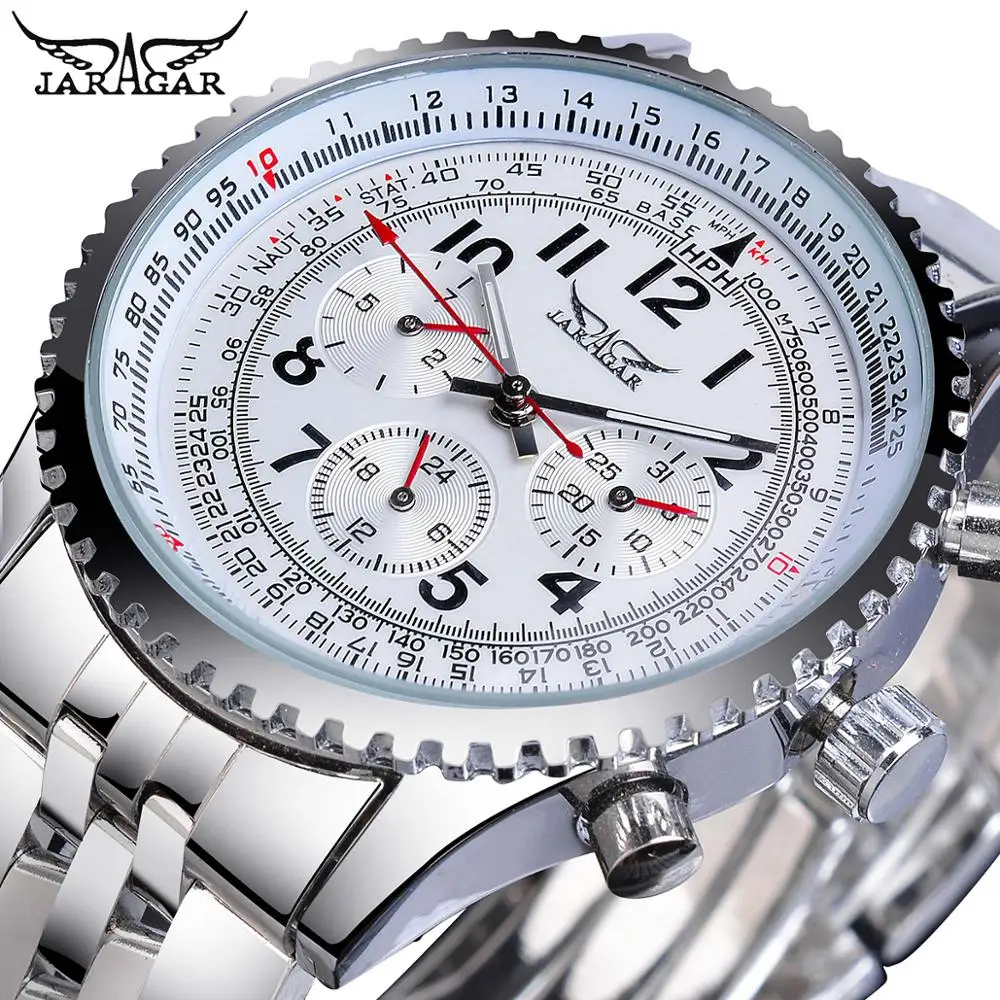 

Jaragar Brand Luxury Mechanical Mens Watches Automatic Silver 3 Sub Dial Calendar Masculino Sport Business Stainless Steel Clock