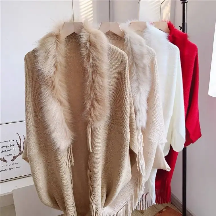 Fur Collar Winter Shawls And Wraps Bohemian Fringe Oversized Womens Winter Ponchos And Capes Batwing Sleeve Cardigan