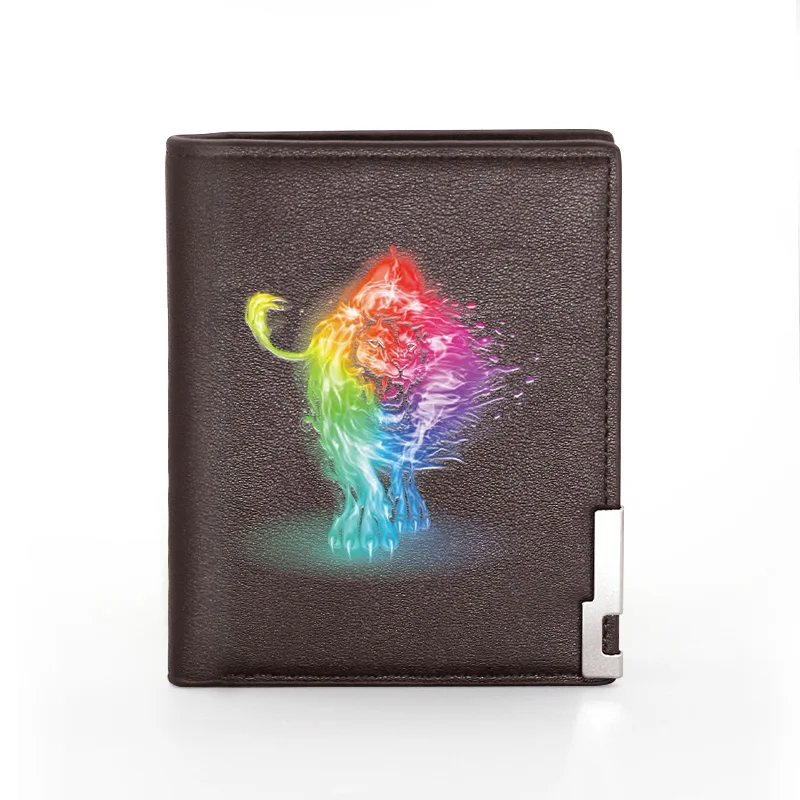 

High Quality Fashion Unique Lion Theme Printing Brown Pu Leather wallet Men Bifold Credit Card Holder Short Purse Male