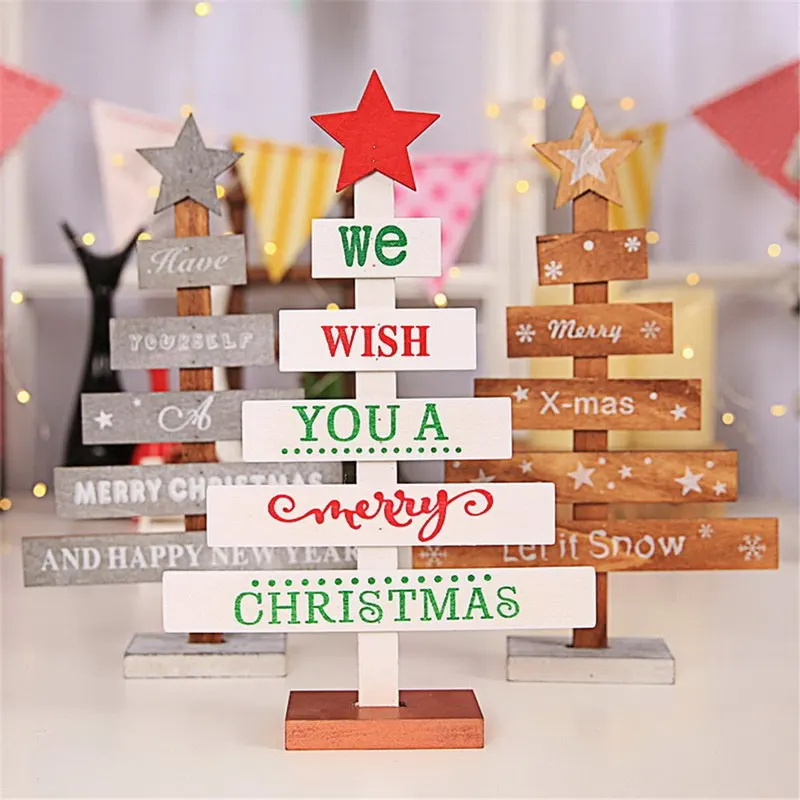 1Pc Wooden Desktop Small Christmas Tree Mini Ornaments 27.5cm Table Decoration for Home Xmas Trees Letters Gift New | Дом и сад