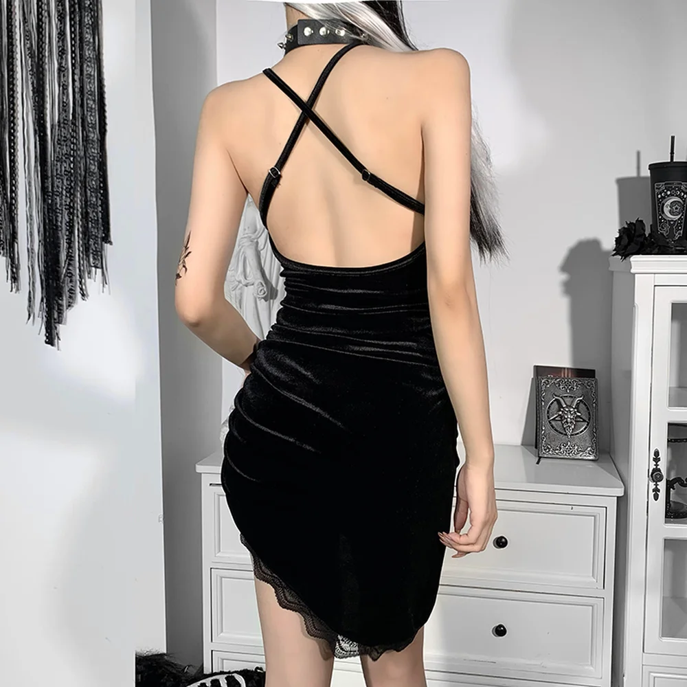 

Retro V-neck Dark Black Cross Strap Lace Skirt Beautiful High Waist Gothic Style Diagonal Skirt Sexy Women's Casual Party Dress