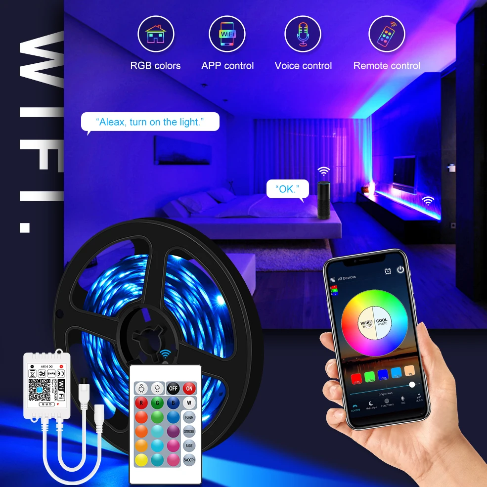 

WiFi LED Strip Light RGB 5050 RGB LED Lights Strip Diode Tape 12V Wifi Controller + Adapter Work With Alexa Google Home 5M - 20M