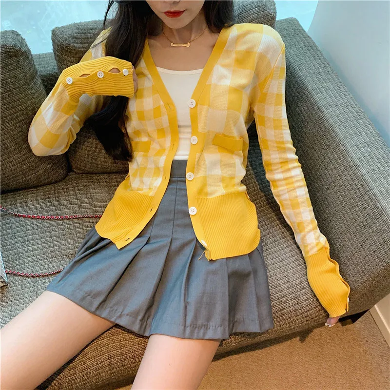 Women's Patchwork Plaid Knit Cardigan Woman Single-breasted Sweater Korean Fashion Chic Thin GD081 |
