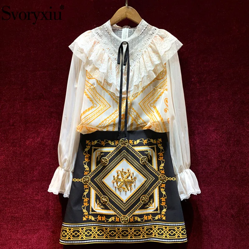 

Женский костюм с юбкой Svoryxiu, осенняя блузка с кружевными оборками и расклешенными рукавами и золотистая юбка с тотемным принтом