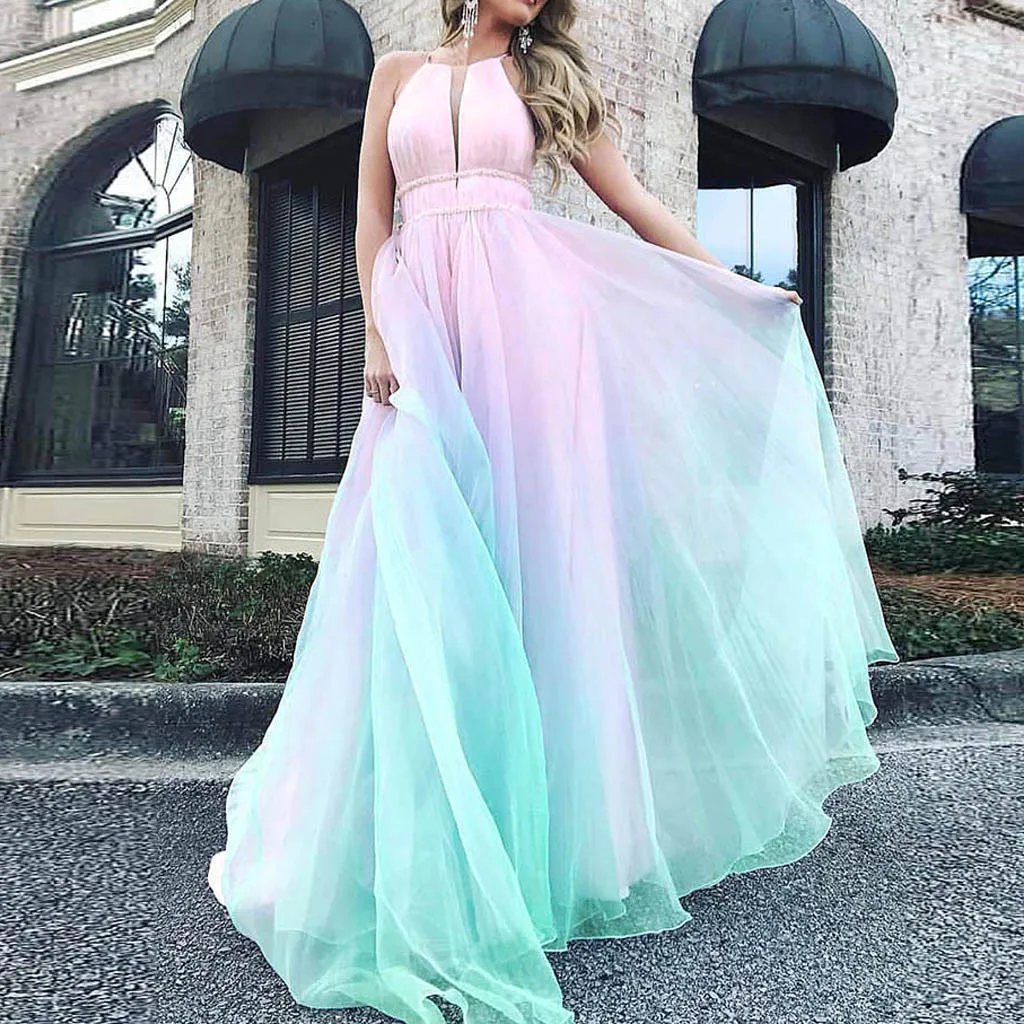 

Градиент сетки Пляжное длинное платье женское платье без рукавов с завязками на шее большие качели платья Boho праздничное платье, сарафан платье Vestidos Femme