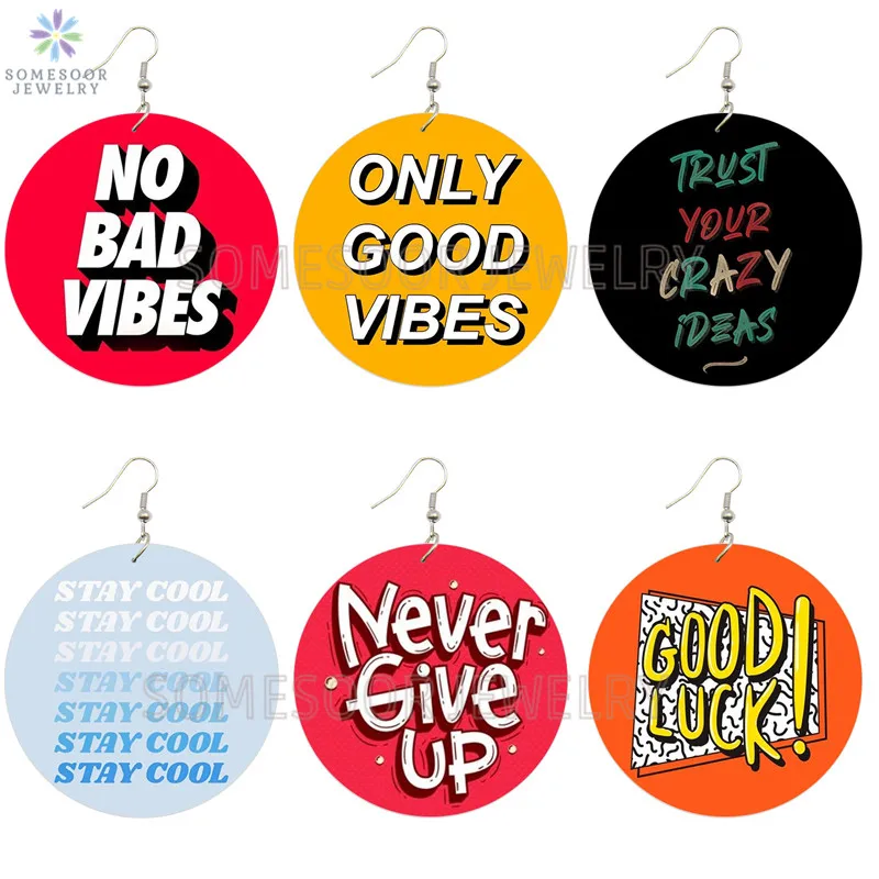 SOMESOOR Colorful Strong Sayings Printed Wooden Drop Earrings Stay Cool Good VIBES Never Give Up Inspiring Writings Dangle Loop  - buy with discount