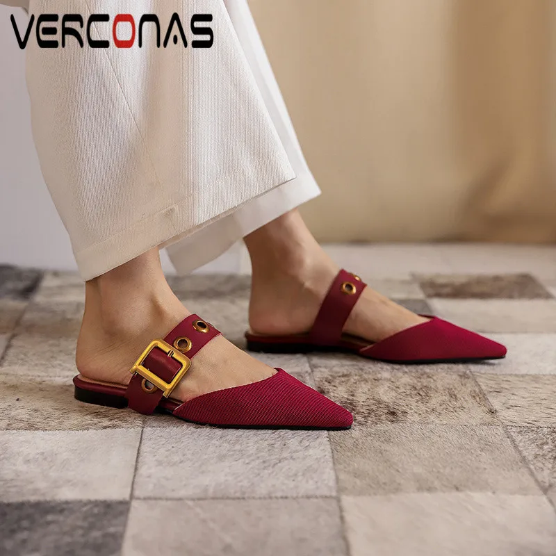 

Женские сандалии на плоской подошве VERCONAS, классические шлепанцы с металлическим украшением, туфли с острым носком, модель 2021