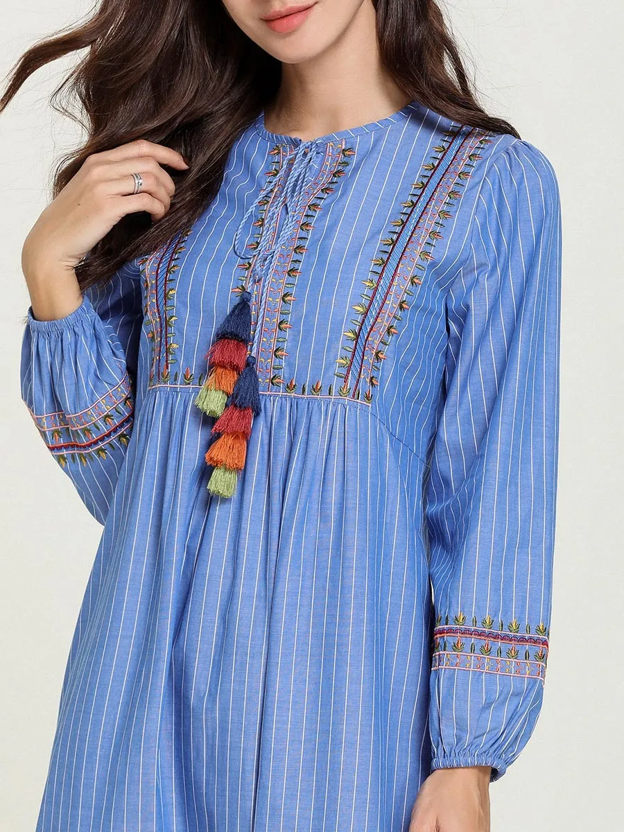 Abaya турецкий кафтан модное простое осеннее синее Полосатое вышитое повседневное