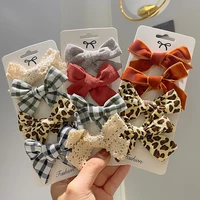 4 pcsset cotton linen leopard print hair bows with clip for girls plaid hair clips barrettes hairpins headwear hair accessories