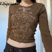 rapcopter graphic print crop top long sleeve t shirt grunge fairycore harajuku knitted pullovers women korean tee top autumn new