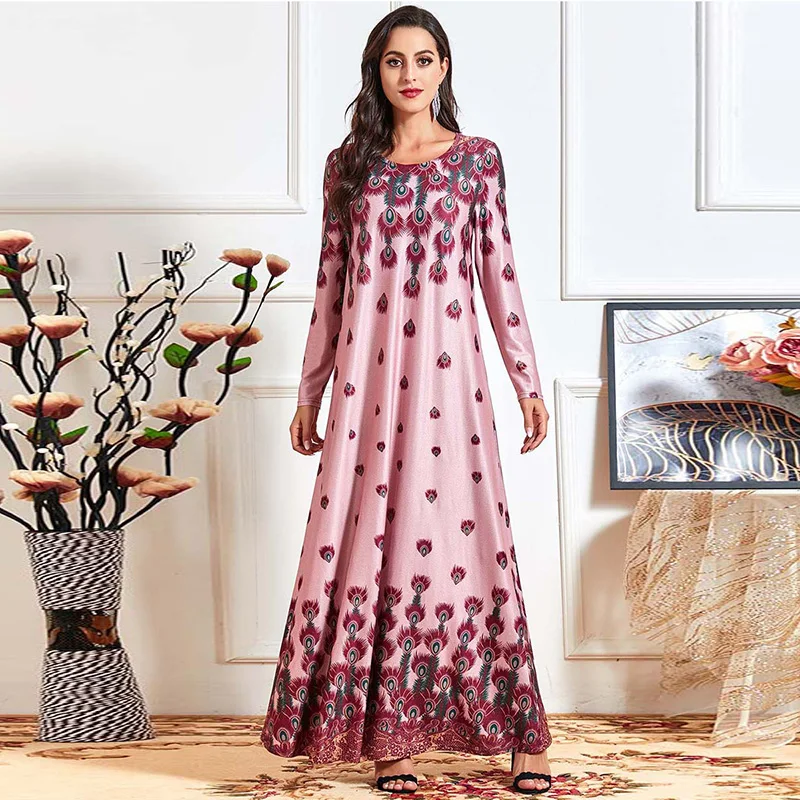 

German fashion women's spring comfortable printing feather pink long-sleeved pleated loose long skirt Muslim women long skirt