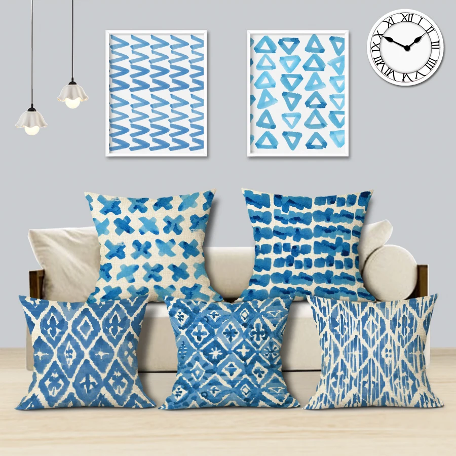 Nordic Geometric Cushion Cover Blue Plaid Linen Home Cushions Square Sofa Seat Luxury Throw Pillows Custom | Дом и сад
