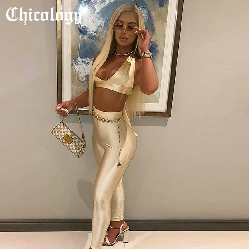 

Chicology 2021 Halter Deep V Neck Bodycon Crop Tank Top Skinny Straight Pants 2 Two Pieces Sets Autumn Winter Fashion Outfits