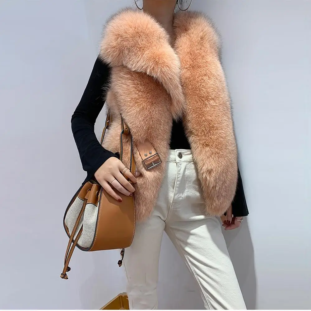 FURSARCAR 2021 New Real Natrual Fox Fur Vest Women Winter Thick Fur Waistcoat Fashion Genuine Motorcycle Leather  Fur Gilet
