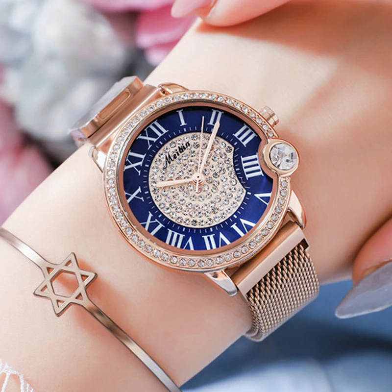

2019 Fashion Meibin Brand Full Star Luxury Rose Gold Steel exquisite Rhinestone Girl Gift Hight Quality Wrist Watches