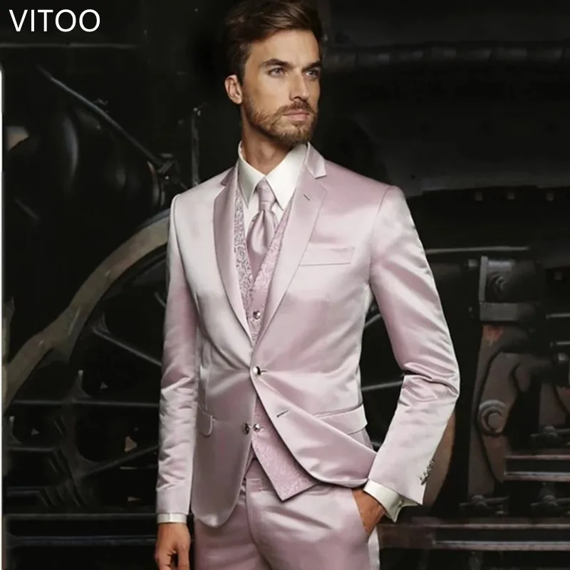 

Glitter Pink Satin Men's 3 Piece Custom Tuxedo Set for Party Banquet Red Carpet Bar Prom Fashion Wedding Jacket + Pants + Vest