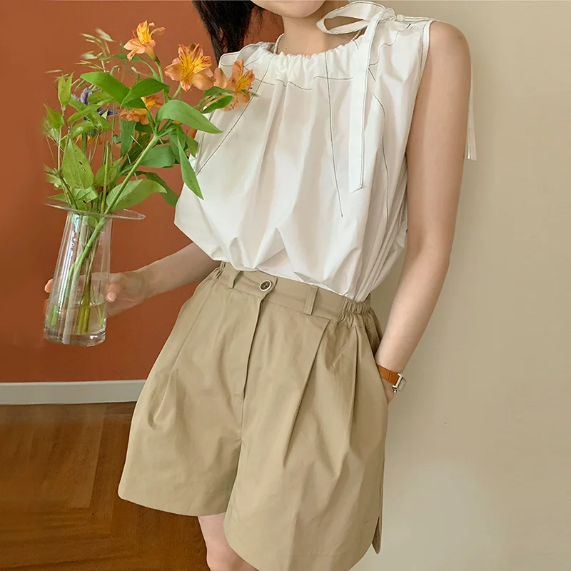 Корейский шикарный дизайн с открытой линией плечевой ремень без рукавов рубашка