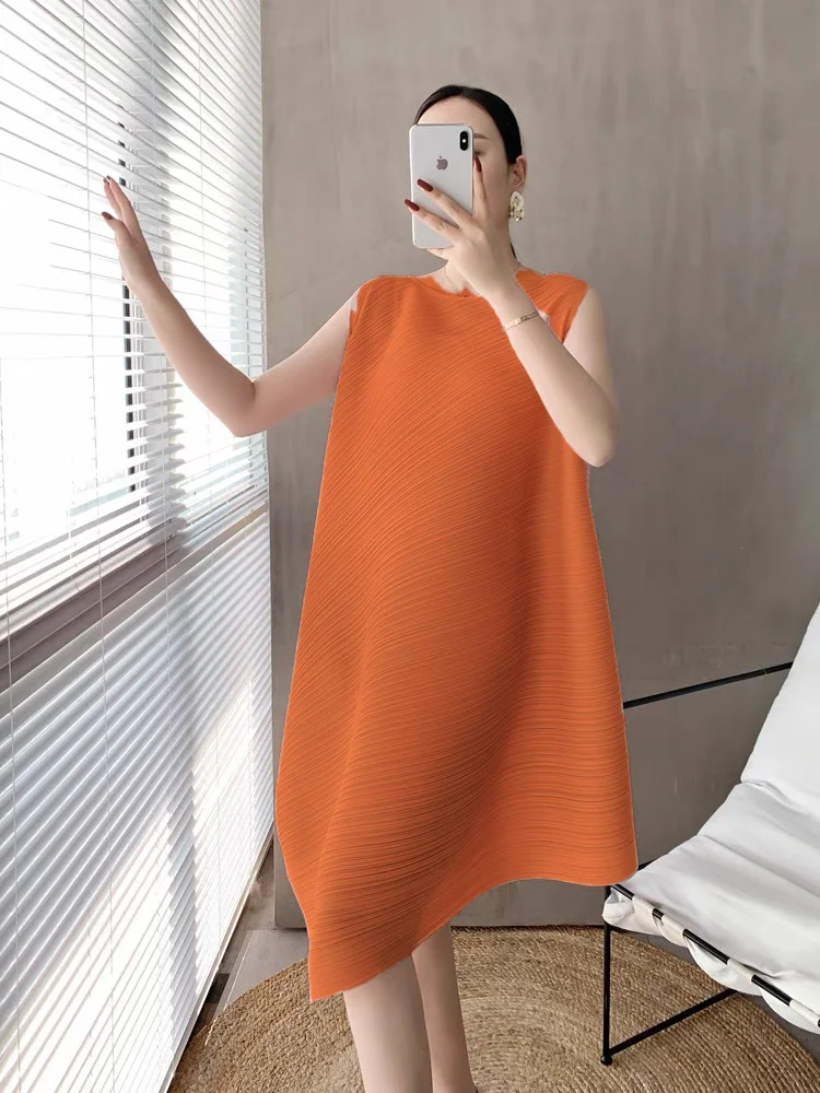 

Pleats Please 2021 Pleated Beach Dress Sleeveless New Summer Plus Size Loose Fit O Neck One Size Fit All