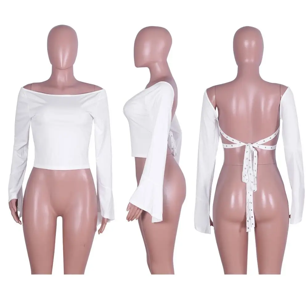 Sexy Women Top Slim Open Back Bandage Flare Long Sleeve Slash Neck Solid Color Party Night Outfit For | Женская одежда