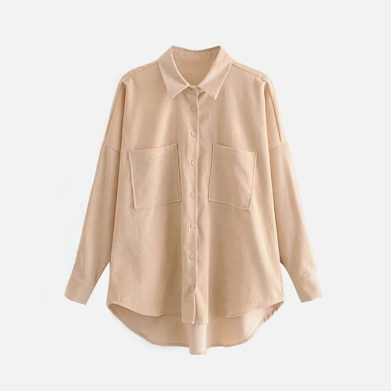 

Button Pocket Solid Women's Shirt Irregular Hem Turn-down Collar Long Sleeve Shirts Women 2020 Oversized Casual Ladies Tops