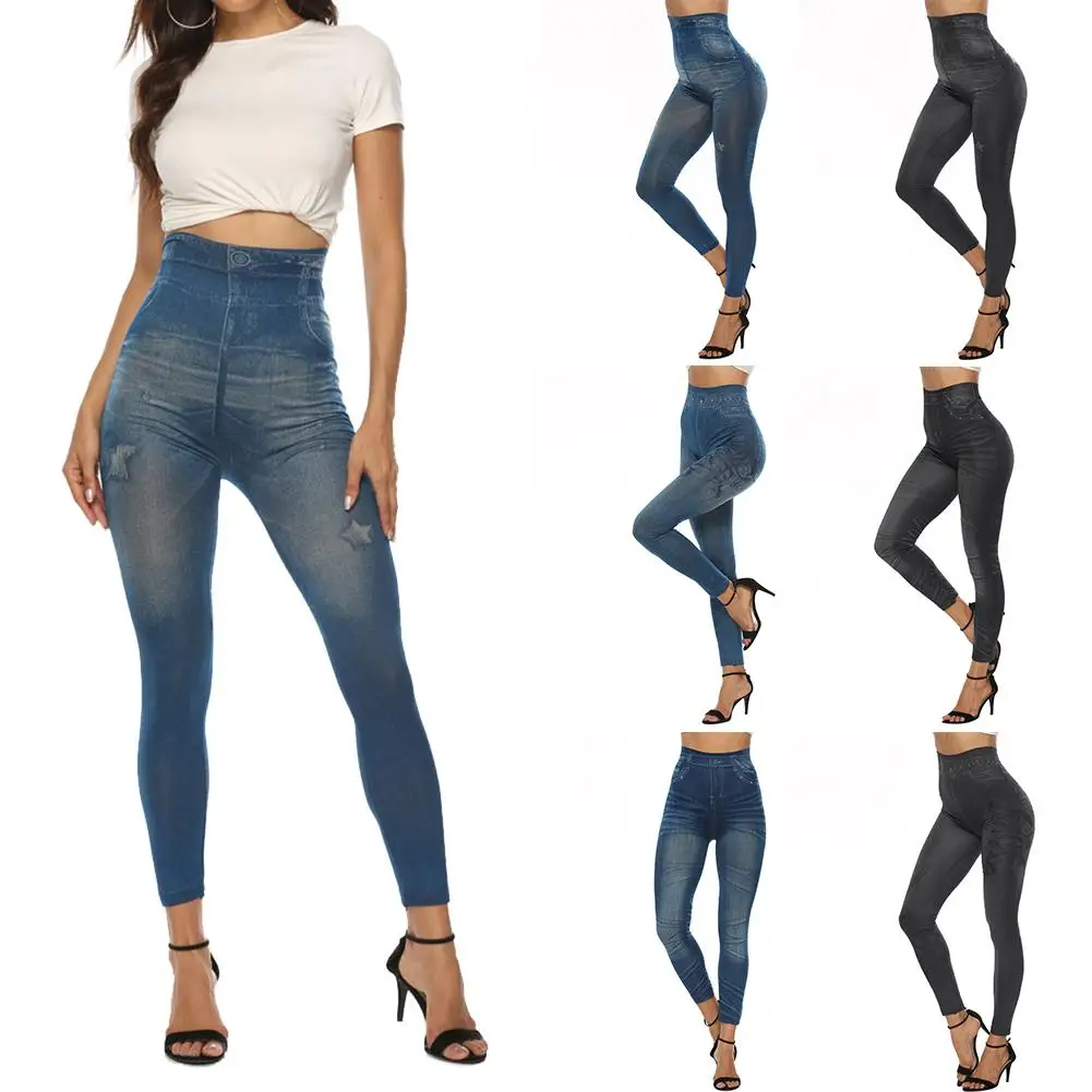 Новые Сексуальные женские эластичные тонкие легинс имитирующие джинсы с высокой талией обтягивающие брюки