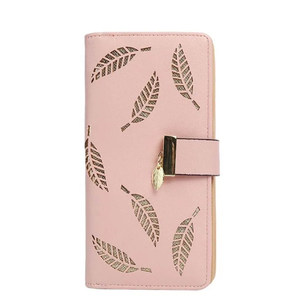 

Women Wallet PU Leather Purse Female Long Wallet Gold Hollow Leaves Pouch Handbag For Women Coin Purse Card Holders Clutch
