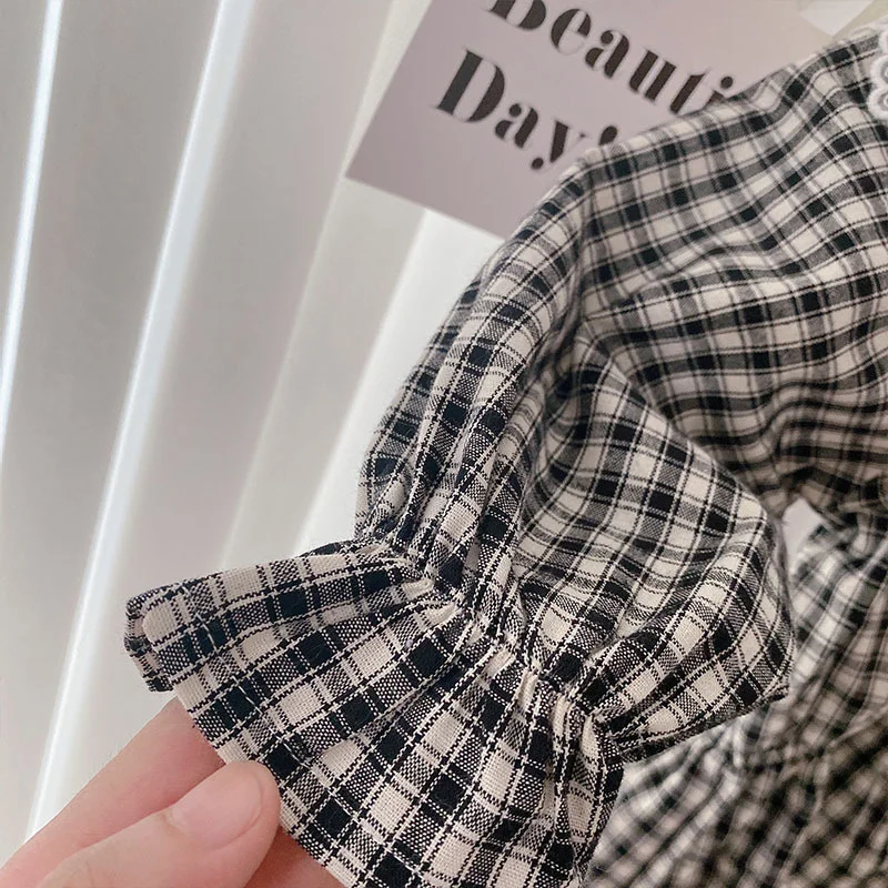 Клетчатая рубашка для девочек Осенний Кружевной Топ с длинным рукавом и открытой