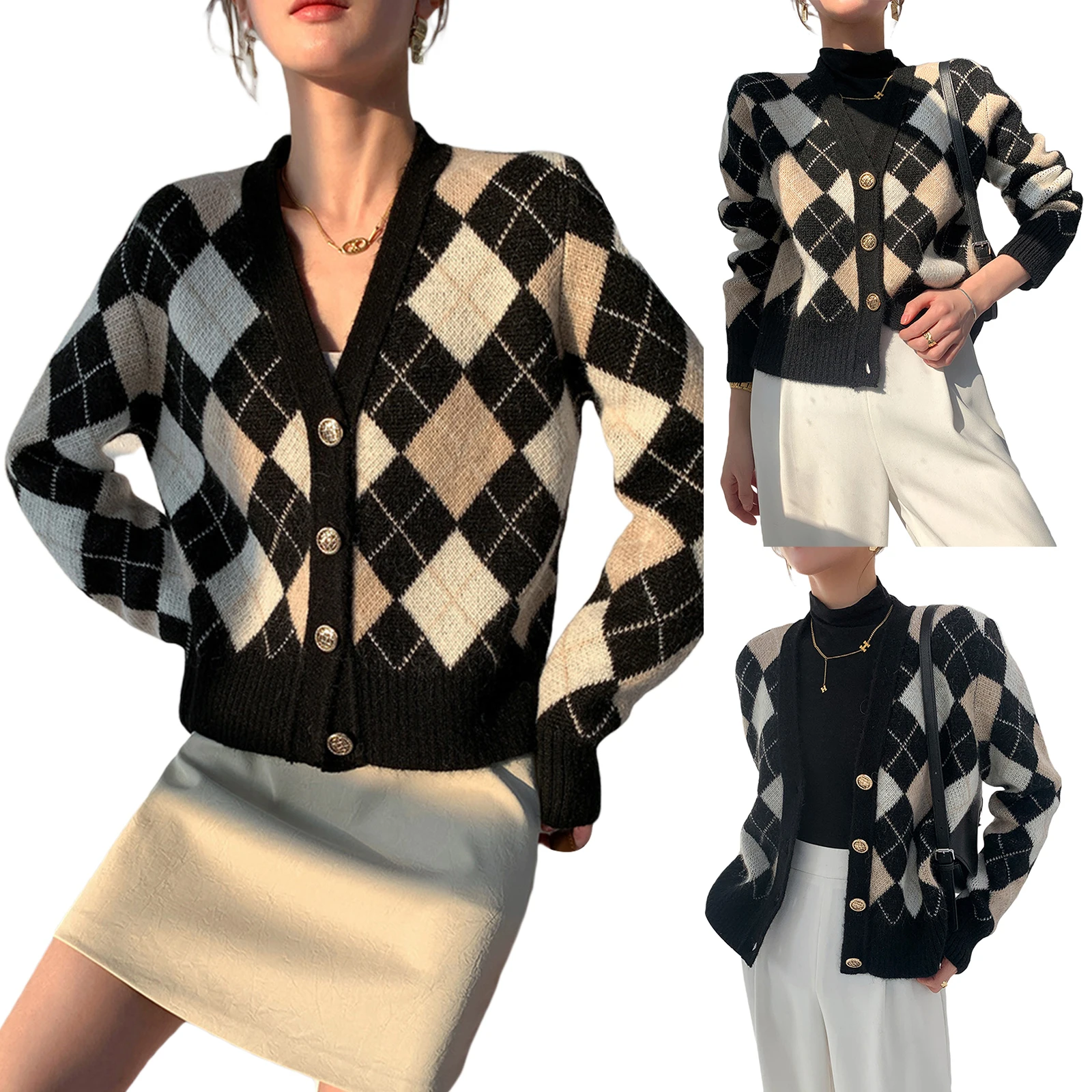 

Осенние женские повседневные трикотажные кардиганы в стиле ретро, женские винтажные пальто с ромбовидным узором и длинным рукавом, пальто ...