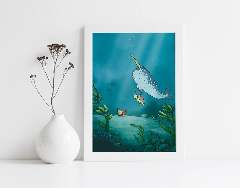 Narwhal and Sea Turtle Art Print - Swimming Together in the Ocean Arctic Animals |