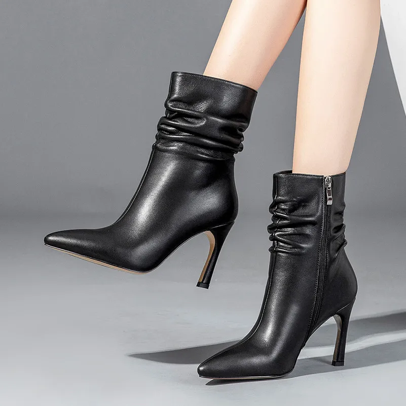 ANNYMOLI Winter Ankle Boots Women Natural Genuine Leather Zip Thin Heel Short Pleated Extreme High Shoes Lady | Обувь