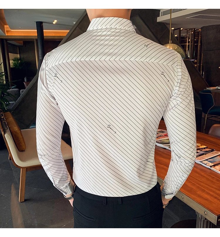 Chemise Homme британский стиль Для мужчин рубашка в полоску с длинными рукавами, высокое качество, отложной воротник, деловая, общественная рубашки Для мужчин клубный костюм-смокинг