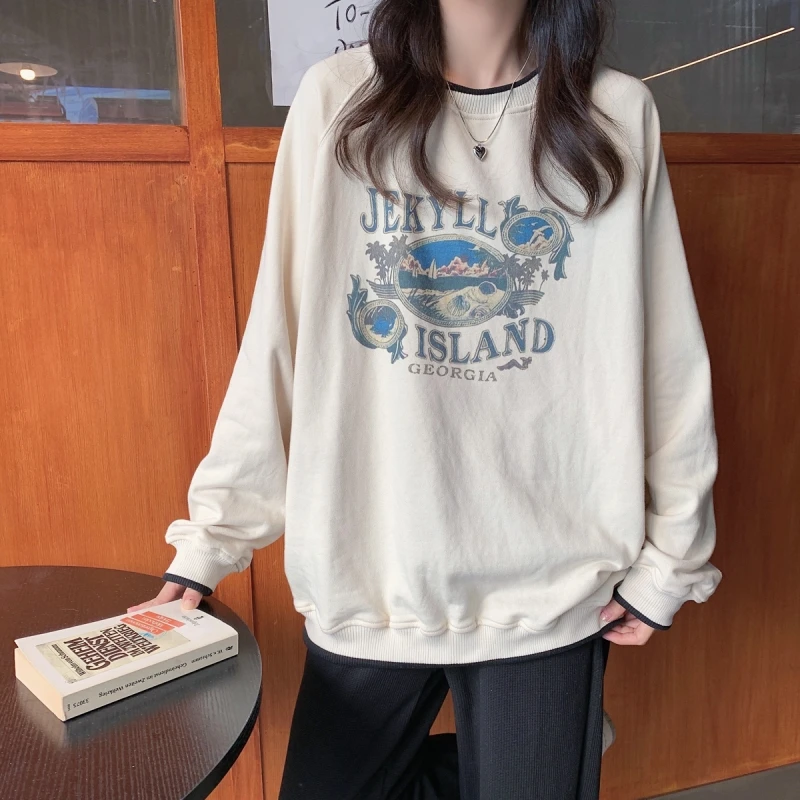 

Свитшот женский с длинным рукавом, винтажный худи с принтом абрикосового цвета, Повседневный пуловер с круглым вырезом, свободная модная од...