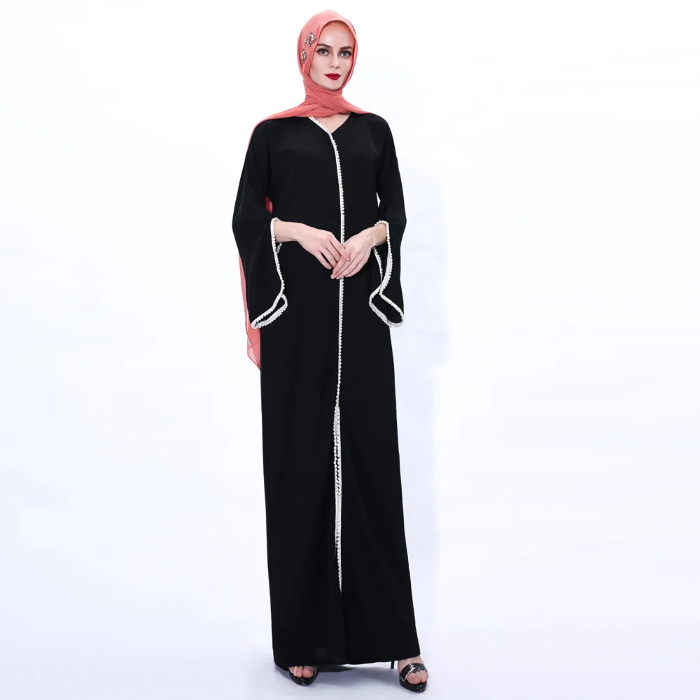 

Muslim Islamic Turkish women's V-neck long skirt elegant pearl robe Middle East Abaya Dubai clothing trumpet sleeve prayer suit