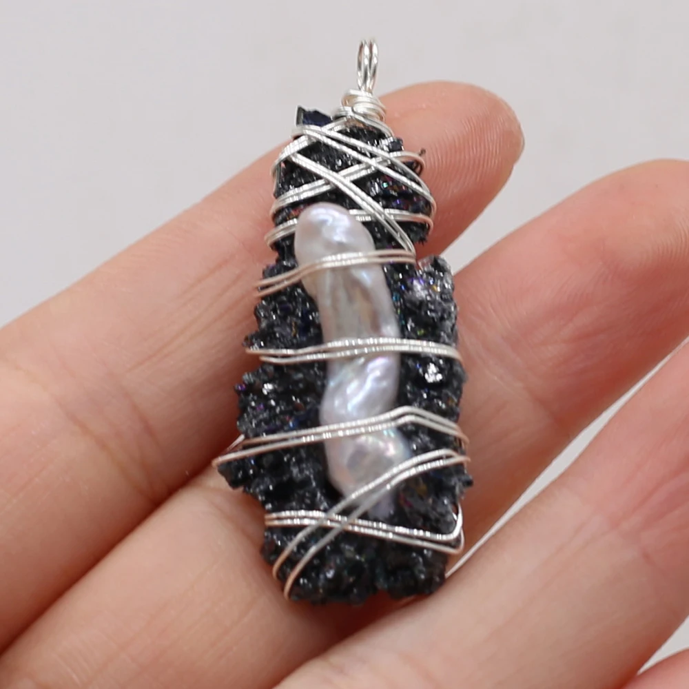 

Natural Stone Gem Black Crystal Buds Winding Silver Thread Pearl Pendant Handmade DIY Necklace Jewelry Accessories Gift Making