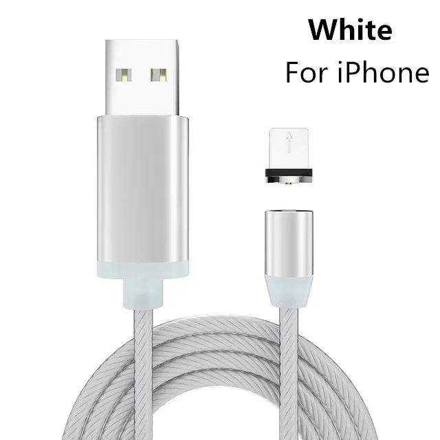 White IOS Cable НИСИ светодиодный Micro USB Магнитный зарядный кабель для iPhone samsung Xiaomi huawei USB C TPE поток светящийся кабель быстрой зарядки - Цвет: White IOS Cable